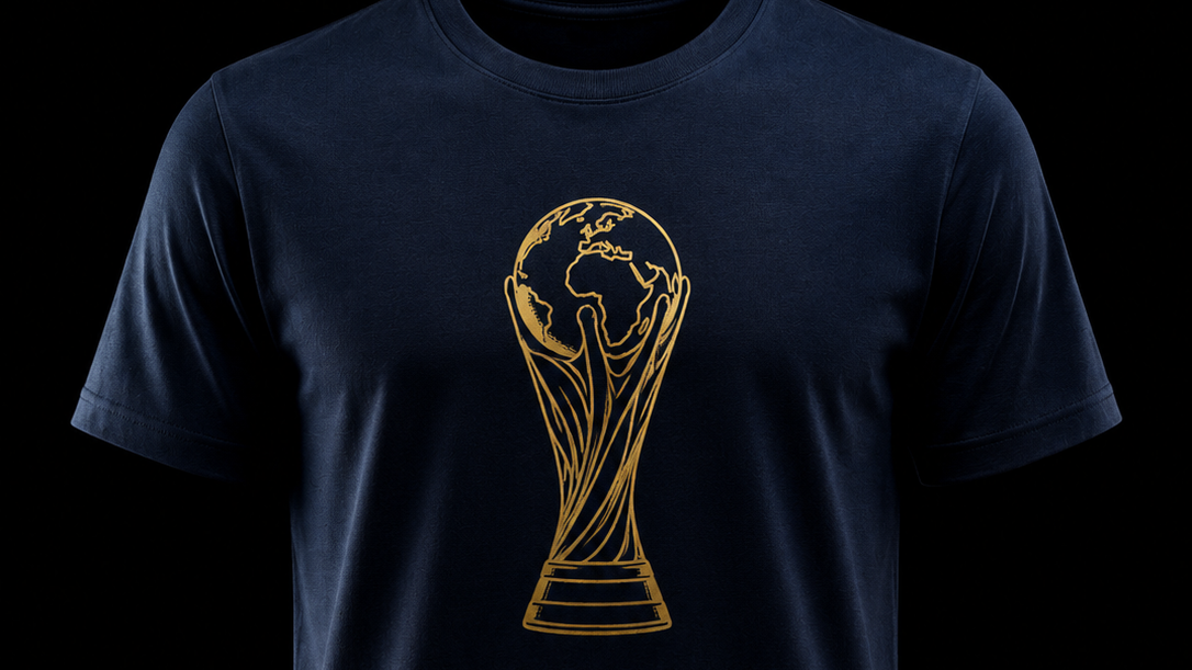 Navy blue t-shirt with gold World Cup 2026 design on a black background